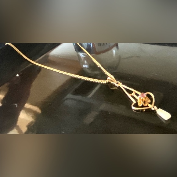 Antique Victorian Edwardian 10K Yellow Gold Lavaliere & Chain Gem Pearl Stamped - Picture 8 of 16